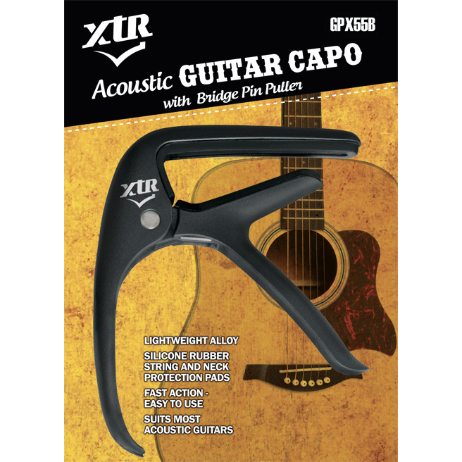 XTR Acoustic Electric Guitar Capo Curved Black Trigger Style w/ Bridge Pin Puller GPX55B