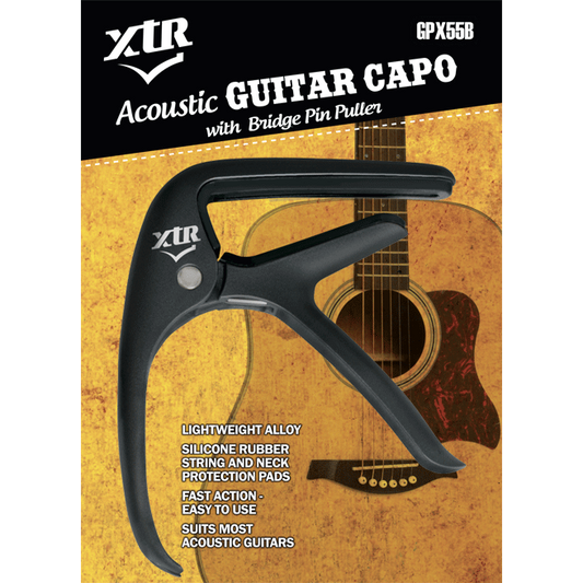 XTR Acoustic Electric Guitar Capo Curved Black Trigger Style w/ Bridge Pin Puller GPX55B