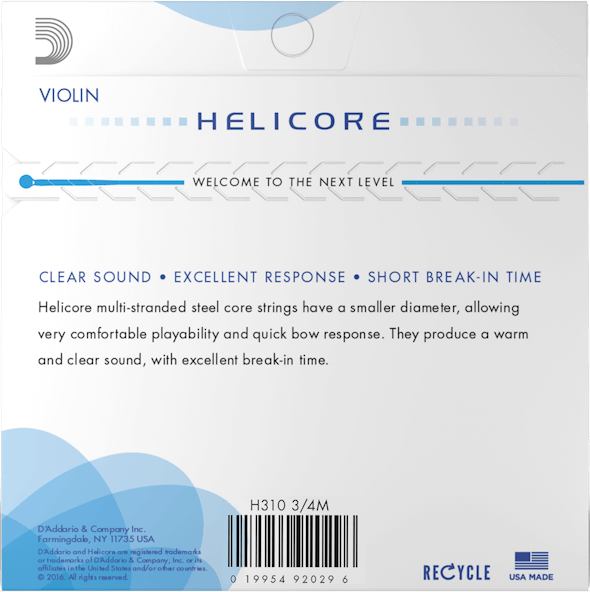 D'Addario Helicore Violin String Set – 3/4 Scale – Medium Tension