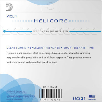 D'Addario Helicore Violin String Set – 3/4 Scale – Medium Tension