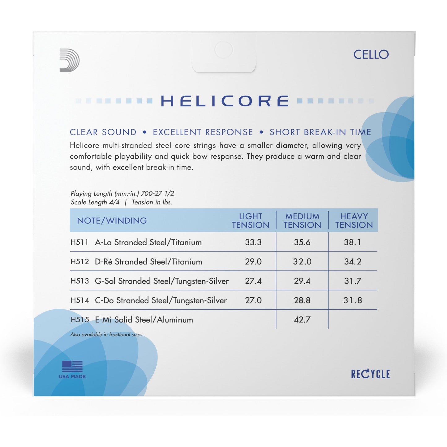 D'Addario Helicore Cello String Set, 4/4 Scale, Light Tension