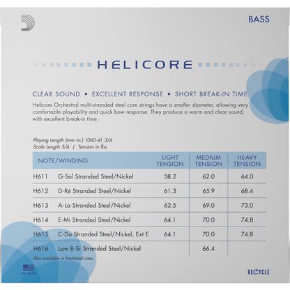 D'Addario Helicore Orchestral Bass String Set – 3/4 Scale – Heavy Tension