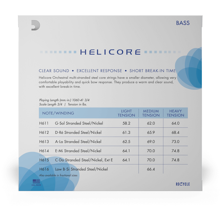 D'Addario Helicore Orchestral Bass String Set – 3/4 Scale – Medium Tension