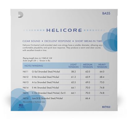 D'Addario Helicore Orchestral Bass String Set – 3/4 Scale – Medium Tension
