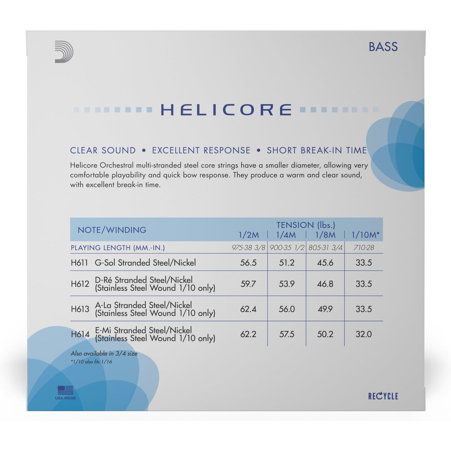 D'Addario Helicore Orchestral Bass String Set, 1/10 Scale, Medium Tension