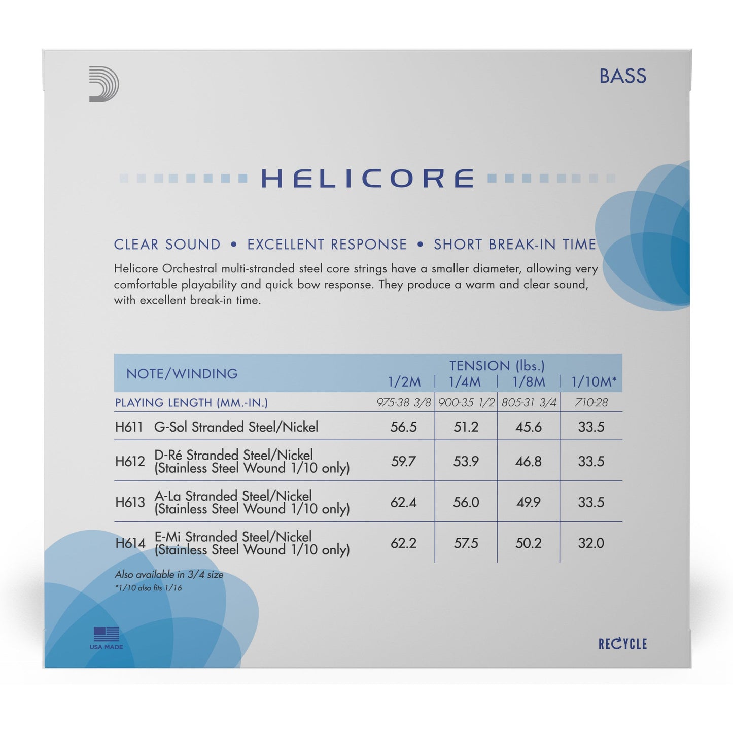 D'Addario Helicore Orchestral Bass String Set, 1/4 Scale, Medium Tension