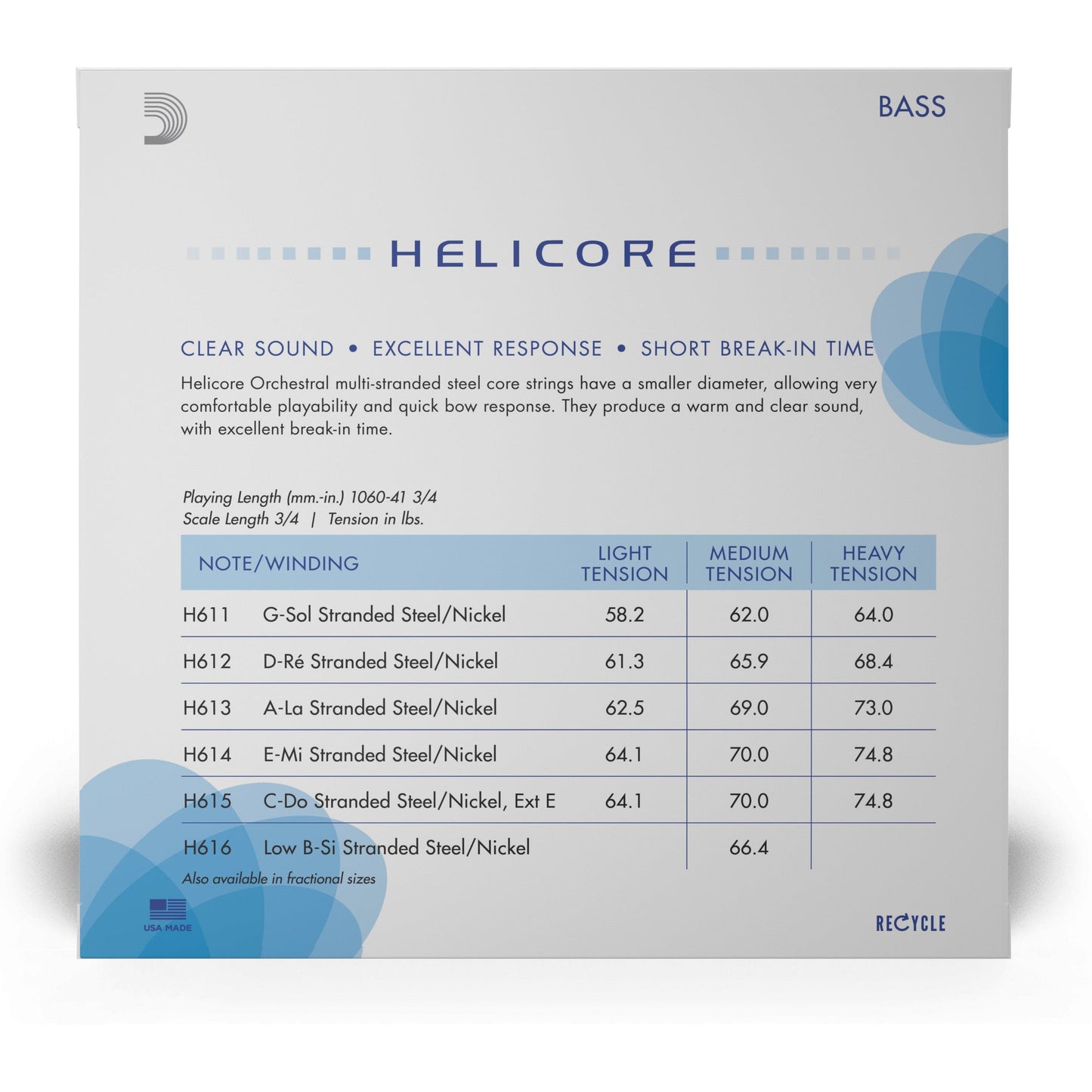 D'Addario Helicore Orchestral Bass String Set, 3/4 Scale, Heavy Tension