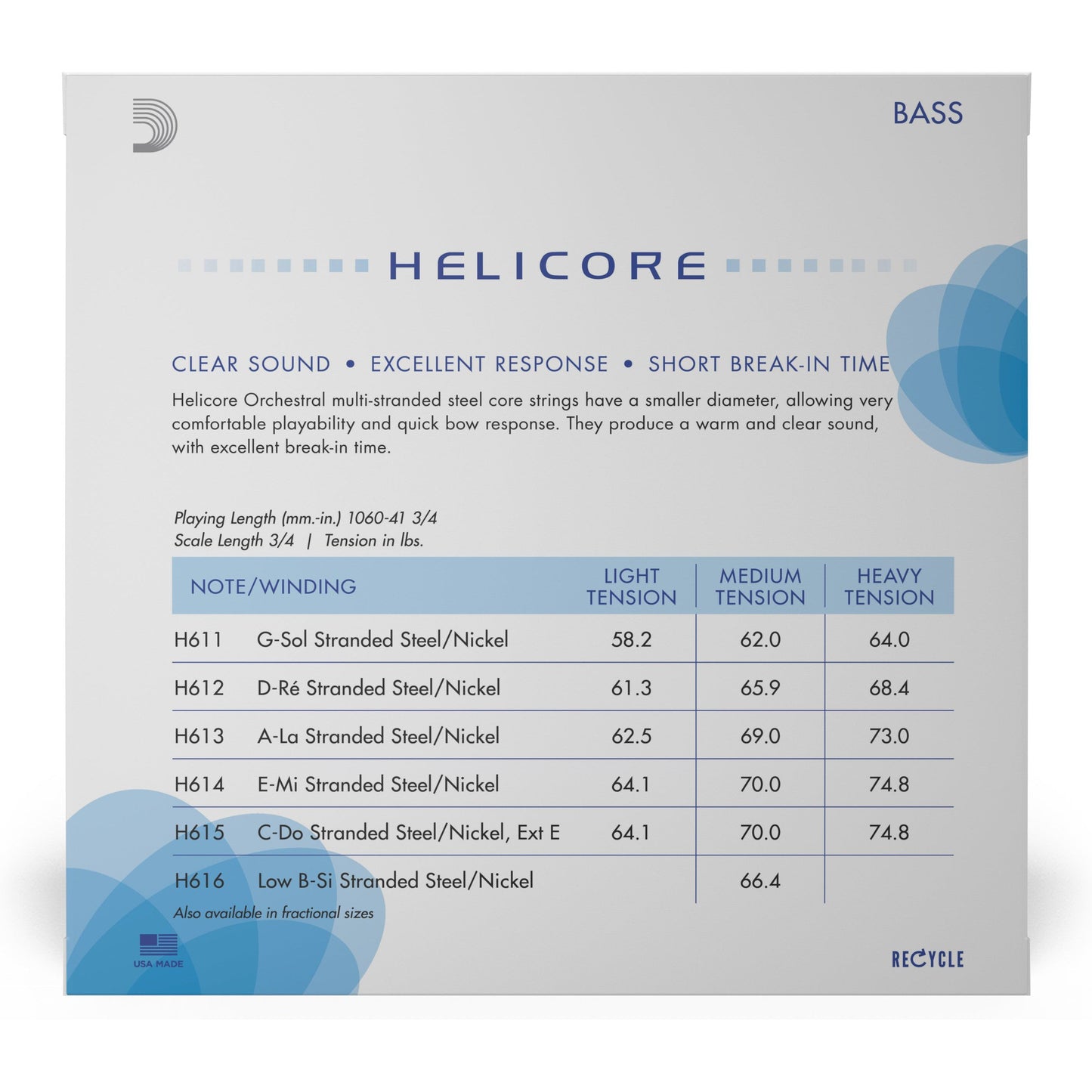 D'Addario Helicore Orchestral Bass String Set, 3/4 Scale, Light Tension