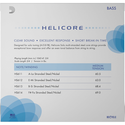 D'Addario Helicore Solo Bass String Set – 3/4 Scale – Medium Tension