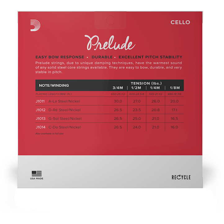 D'Addario Prelude Cello String Set – 1/4 Scale – Medium Tension