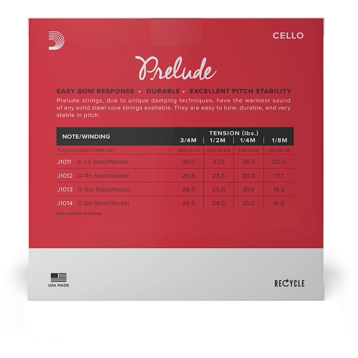 D'Addario Prelude Cello String Set – 3/4 Scale – Medium Tension