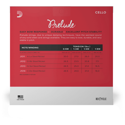 D'Addario Prelude Cello String Set – 3/4 Scale – Medium Tension