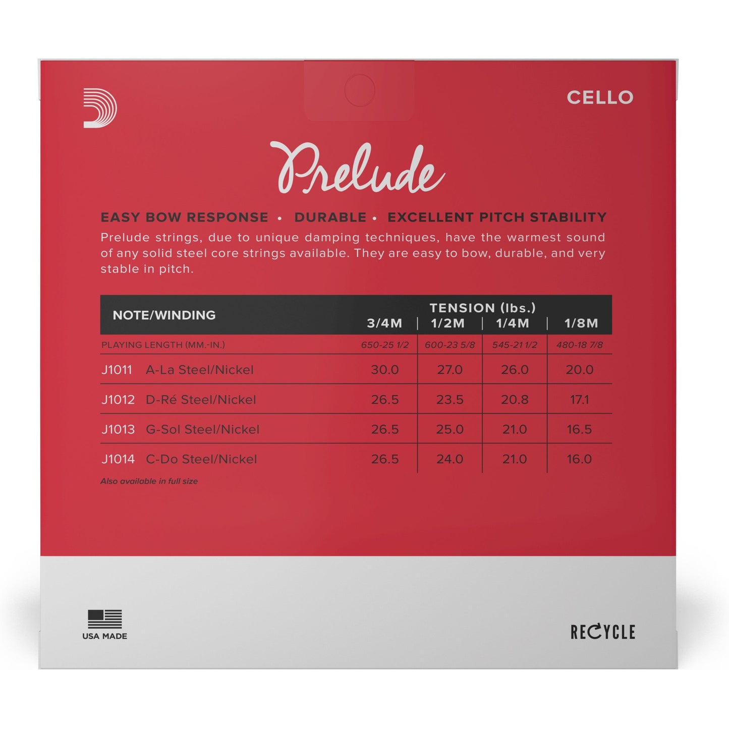 D'Addario Prelude Cello String Set, 1/2 Scale, Medium Tension