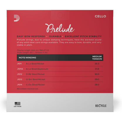 D'Addario Prelude Cello String Set, 4/4 Scale, Medium Tension