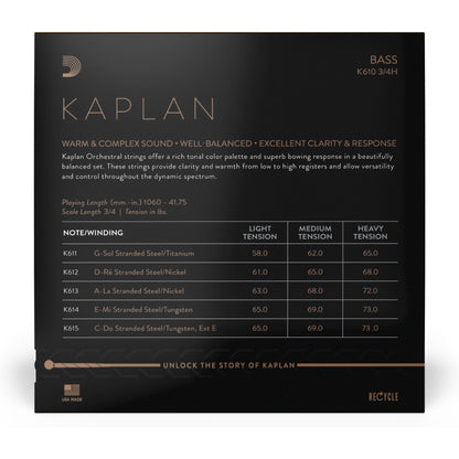 D'Addario Kaplan Bass String Set, 3/4 Scale, Heavy Tension