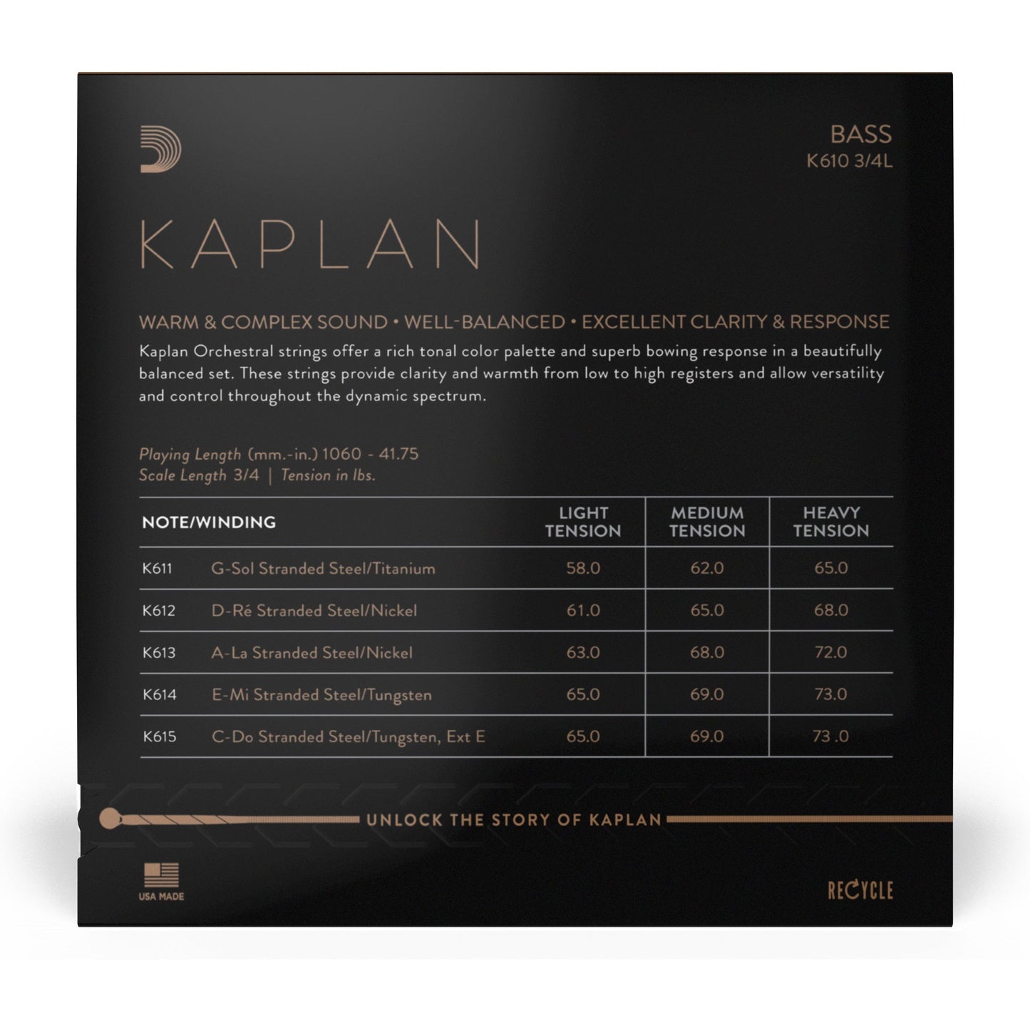 D'Addario Kaplan Bass String Set, 3/4 Scale, Light Tension