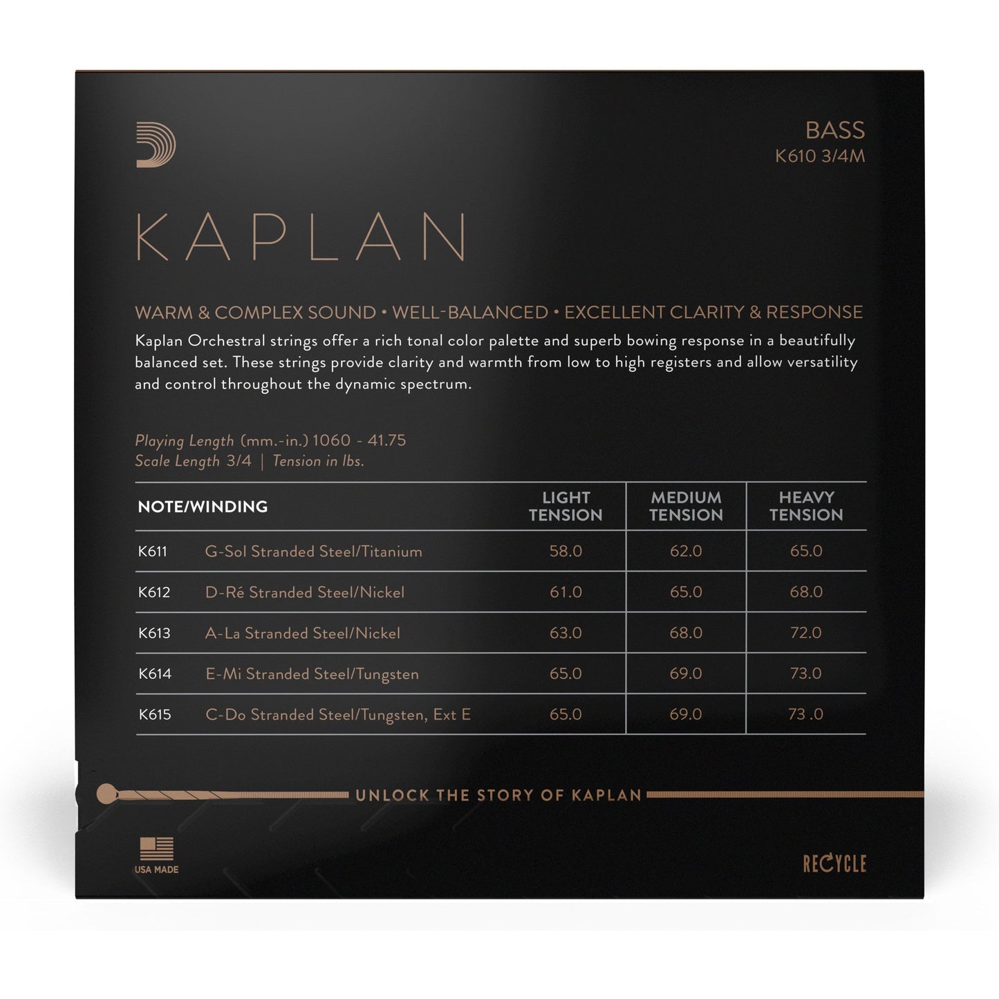 D'Addario Kaplan Bass String Set, 3/4 Scale, Medium Tension