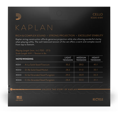 D'Addario Kaplan Cello String Set, 4/4 Scale, Heavy Tension