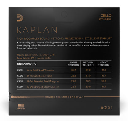 D'Addario Kaplan Cello String Set, 4/4 Scale, Light Tension