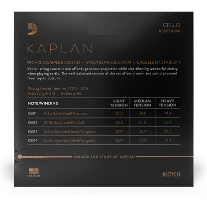 D'Addario Kaplan Cello String Set, 4/4 Scale, Medium Tension