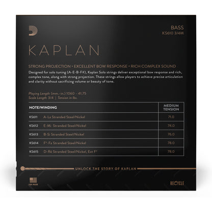 D'Addario Kaplan Solo Double Bass String Set, 3/4 Scale, Medium Tension