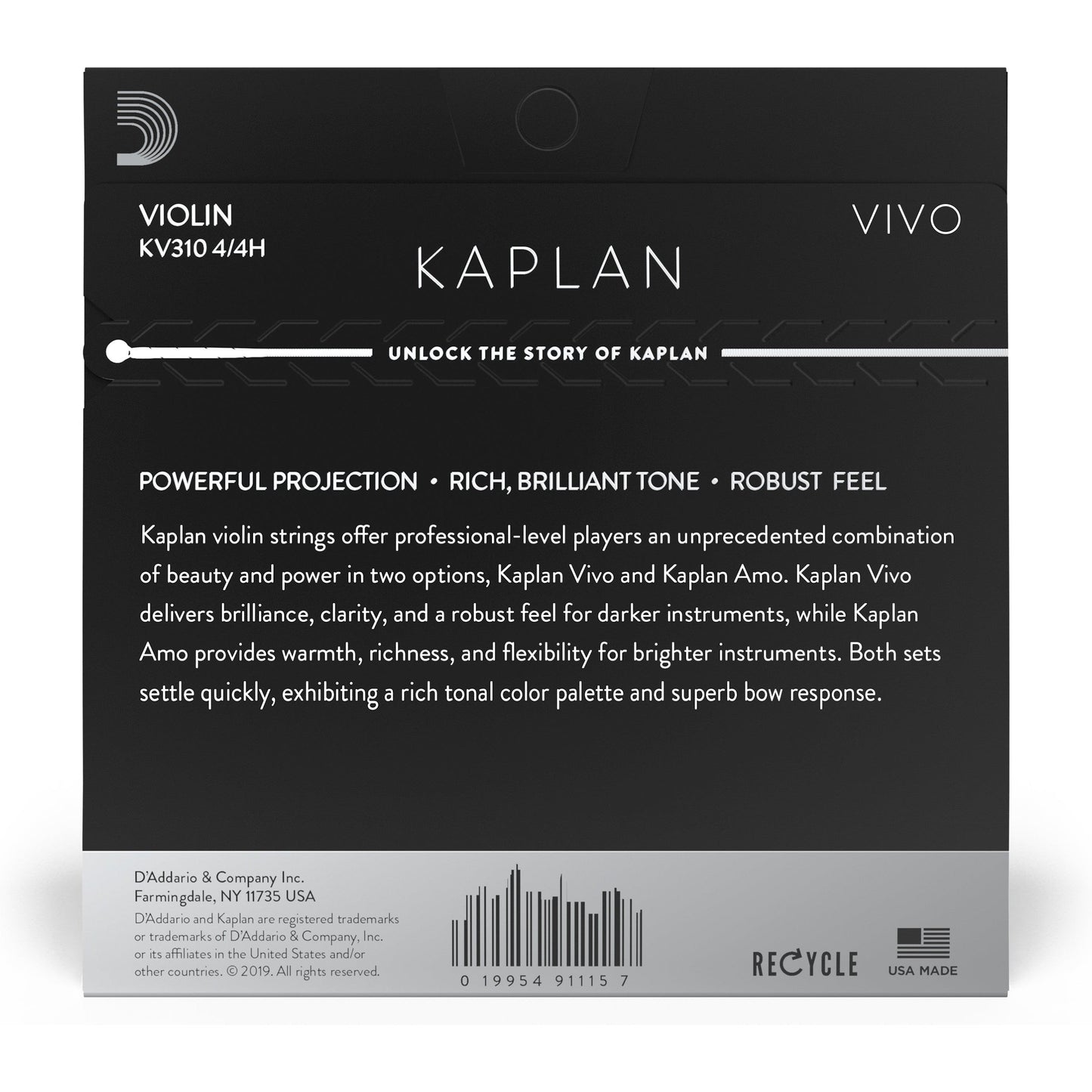 D'Addario Kaplan Vivo Violin String Set, 4/4 Scale, Heavy Tension