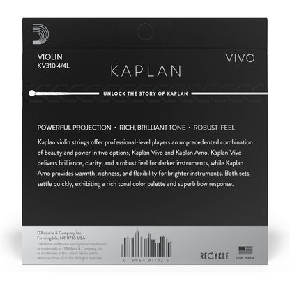 D'Addario Kaplan Vivo Violin String Set, 4/4 Scale, Light Tension