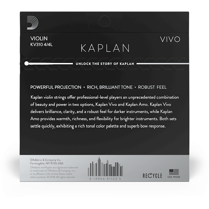 D'Addario Kaplan Vivo Violin A String – 4/4 Scale – Light Tension