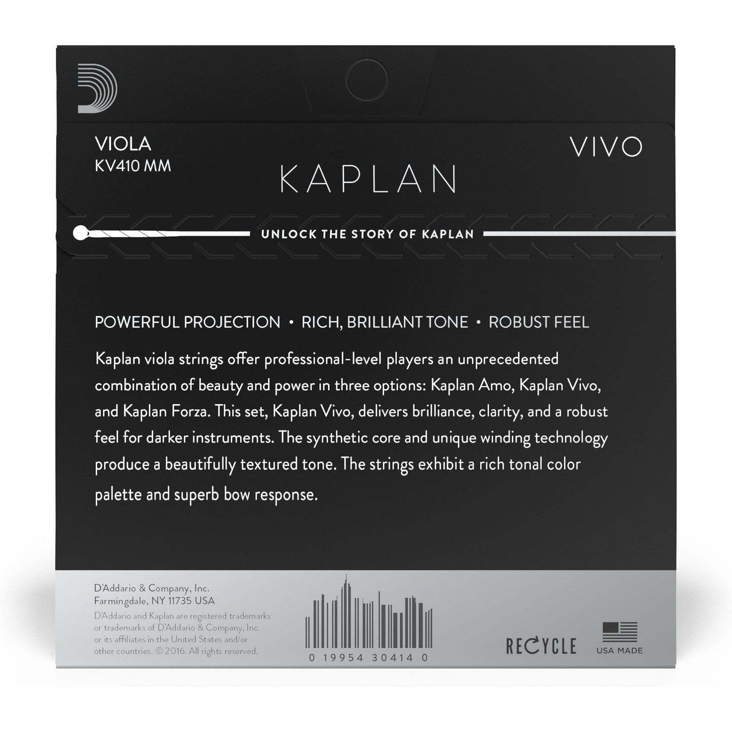 D'Addario Kaplan Vivo Viola String Set, Medium Scale, Medium Tension