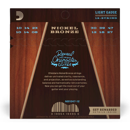 D'Addario NB1047-12 Nickel Bronze Acoustic Guitar Strings, 12-String, Light 10-47