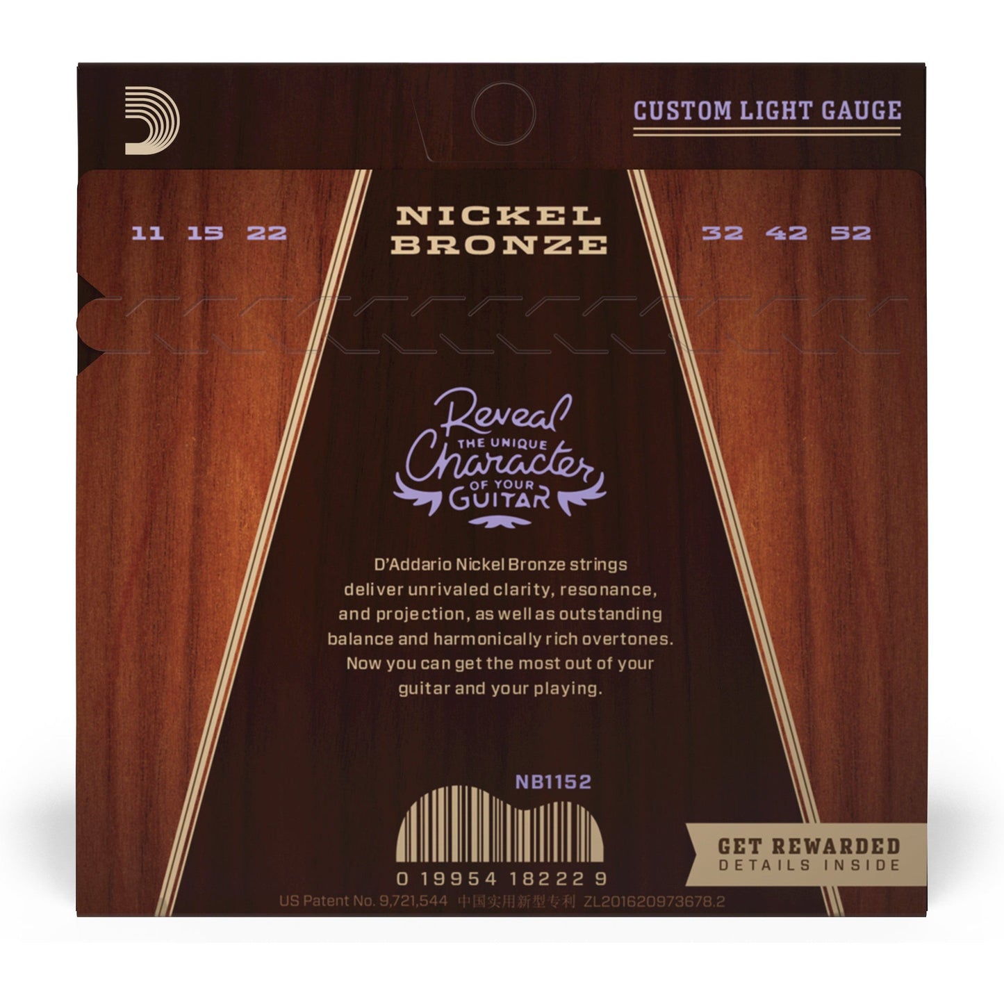 D'Addario NB1152 Nickel Bronze Acoustic Guitar Strings, Custom Light, 11-52