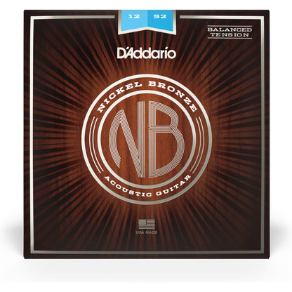 D'Addario NB1252BT Nickel Bronze Acoustic Guitar Strings, Balanced Tension Light, 12-52