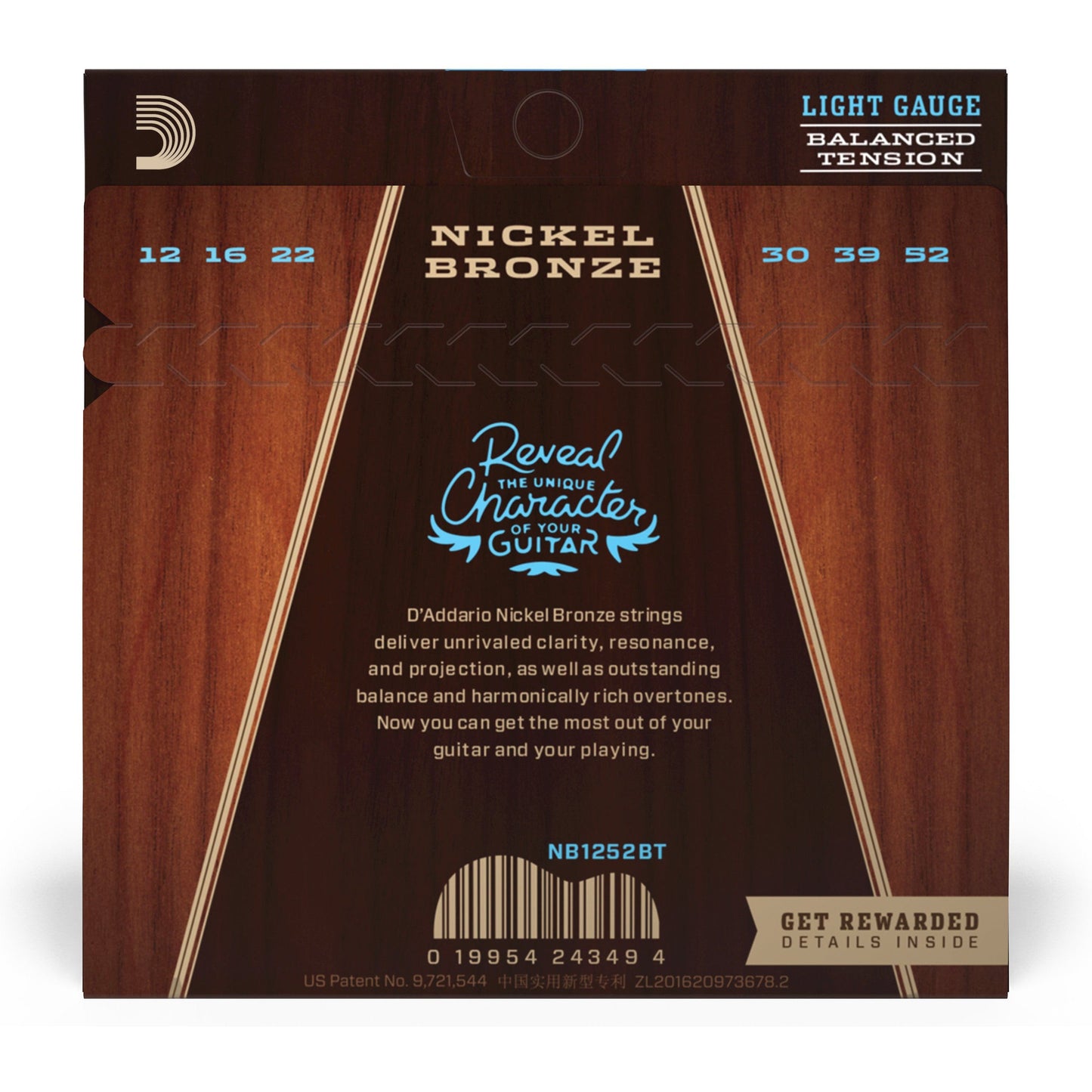 D'Addario NB1252BT Nickel Bronze Acoustic Guitar Strings, Balanced Tension Light, 12-52