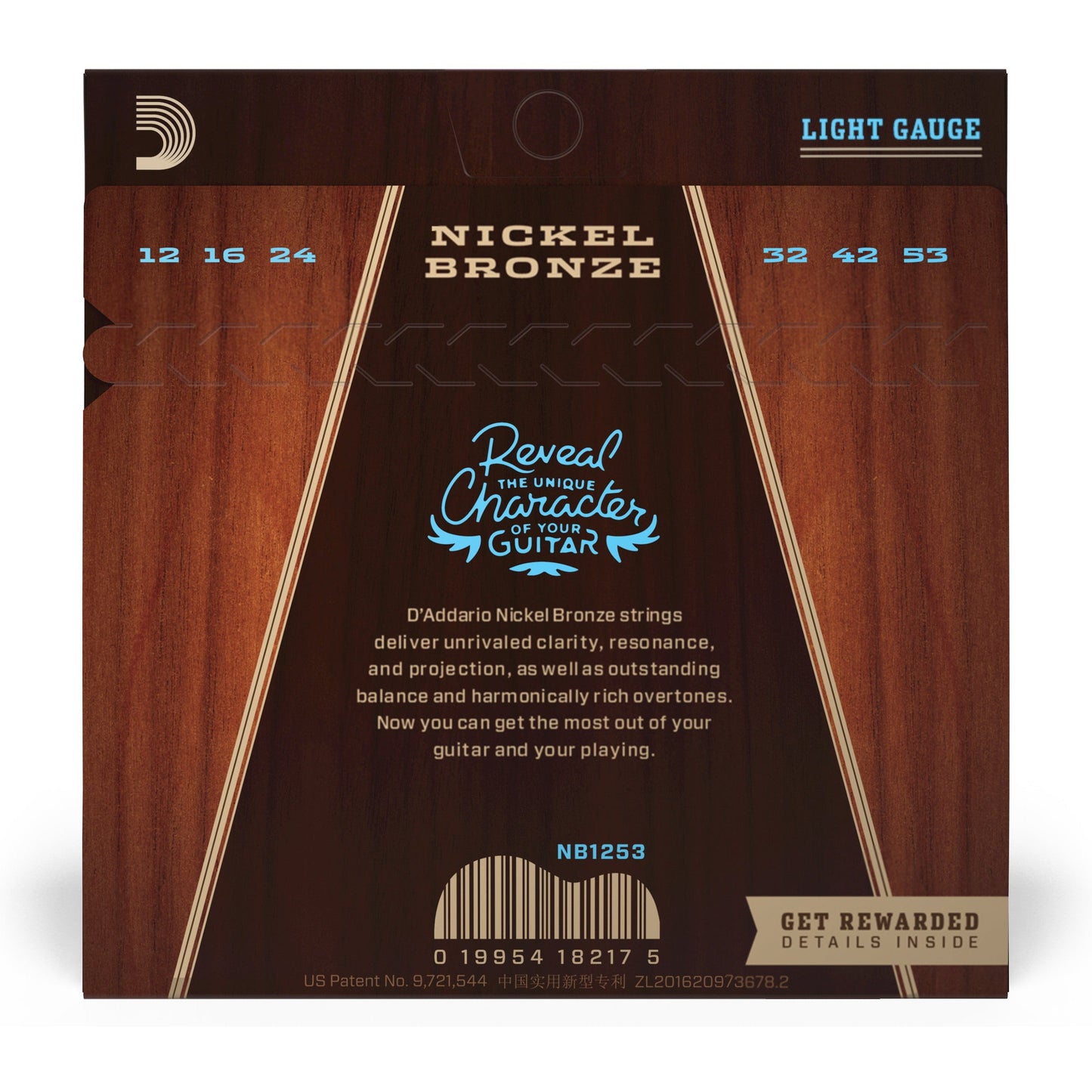 D'Addario NB1253 Nickel Bronze Acoustic Guitar Strings, Light, 12-53