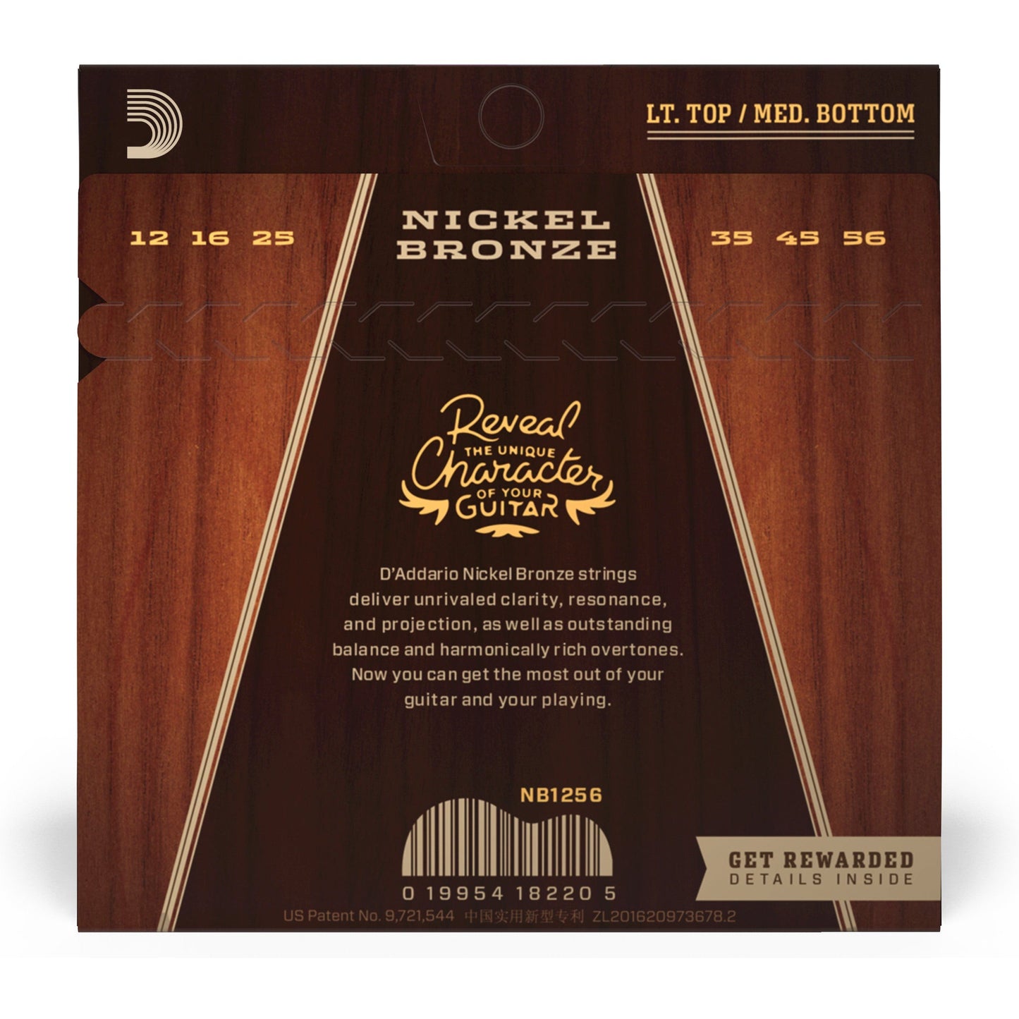 D'Addario NB1253 Nickel Bronze Acoustic Guitar Strings, Light Top / Med Bottom, 12-56