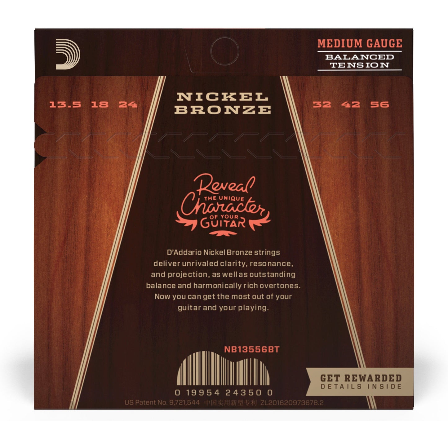 D'Addario NB13556BT Nickel Bronze Acoustic Guitar Strings, Balanced Tension Medium, 13.5-56