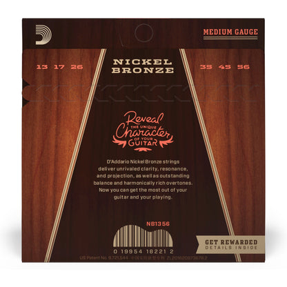 D'Addario NB1356 Nickel Bronze Acoustic Guitar Strings, Medium, 13-56