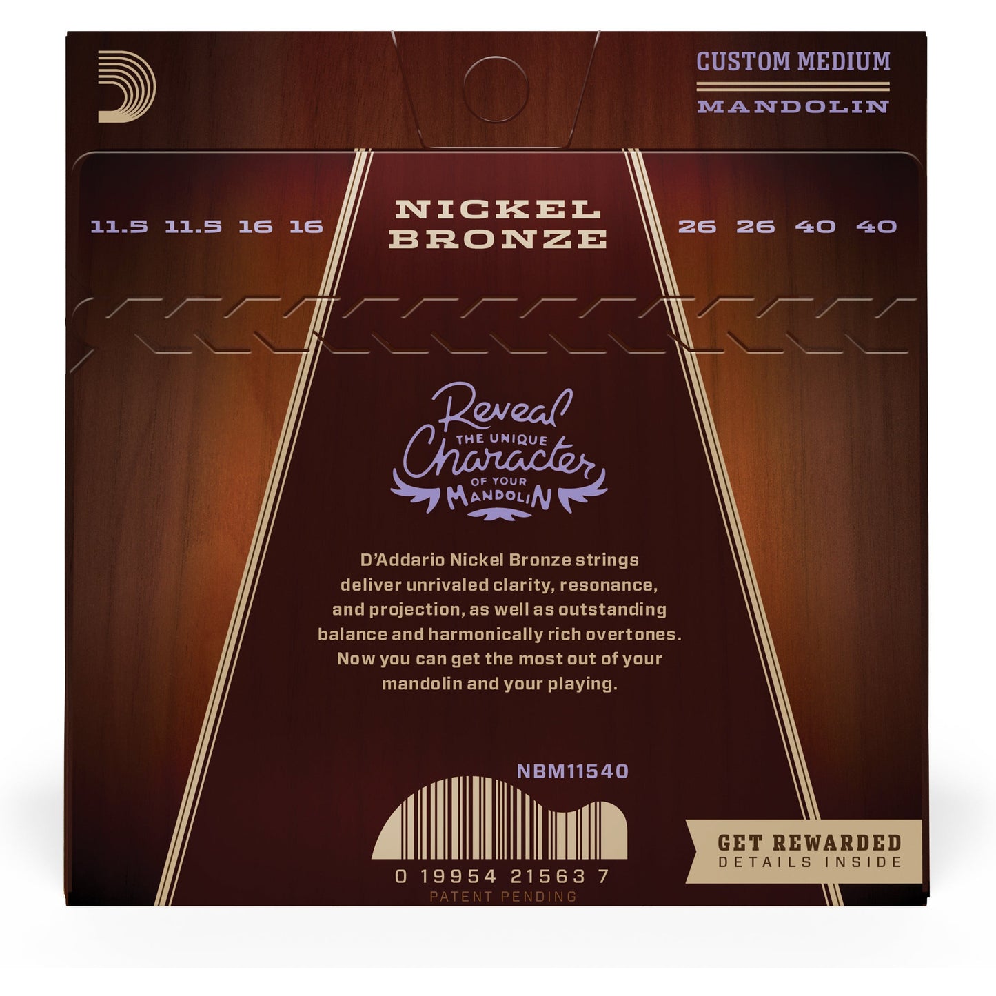 D'Addario NBM11540 Nickel Bronze Mandolin Set, Custom Medium, 11.5-40