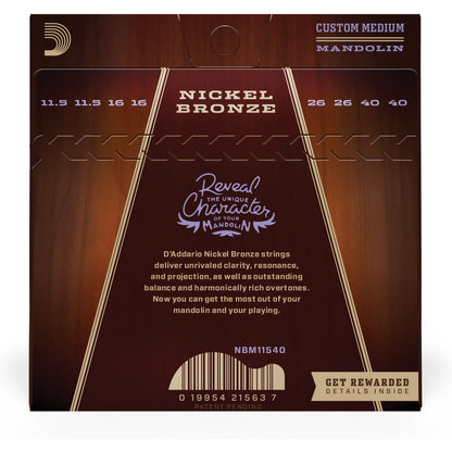 D'Addario NBM11540 Nickel Bronze Mandolin Set, Custom Medium, 11.5-40