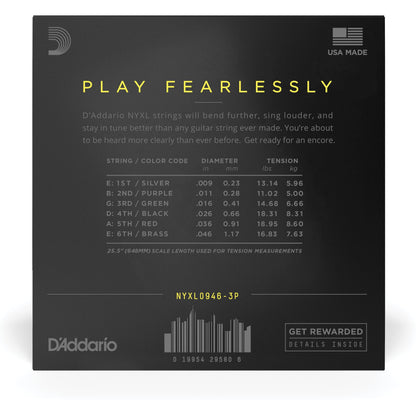 D'Addario NYXL0946-P Nickel Wound Electric Guitar Strings, Super Light Top / Regular Bottom, 9-46, 3 Sets