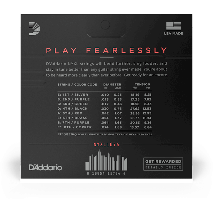 D'Addario NYXL Nickel Wound Electric Guitar Strings – 8 String – Light Top/Heavy Bottom – 10-74