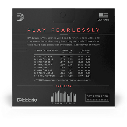 D'Addario NYXL Nickel Wound Electric Guitar Strings – 8 String – Light Top/Heavy Bottom – 10-74