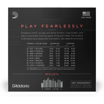 D'Addario NYXL1074 Nickel Wound 8-String Electric Guitar Strings, Light Top / Heavy Bottom, 10-74