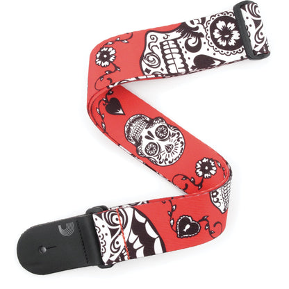 D'Addario Polyester Guitar Straps, Sugar Skulls, Red