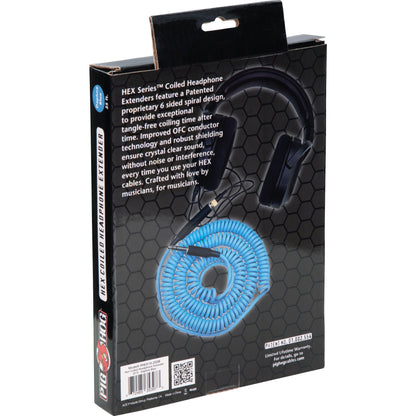 Pig Hog Hex Series Coiled Headphone Extension Cable 1/4" - 25 Foot - Daphne Blue
