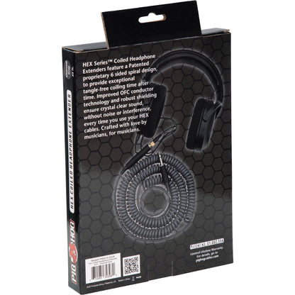 Pig Hog Hex Series Coiled Headphone Extension Cable 1/4" - 25 Foot - Charcoal Grey
