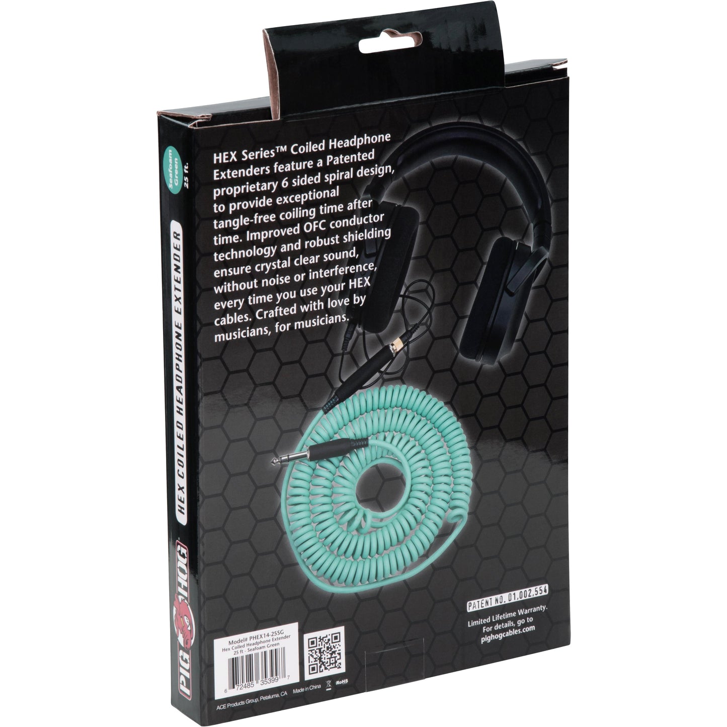 Pig Hog Hex Series Coiled Headphone Extension Cable 1/4" - 25 Foot - Seafoam Green
