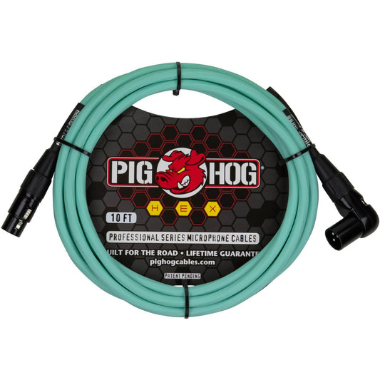 Pig Hog Hex Series Microphone Cable, 10 Foot - Seafoam Green - Right Angle