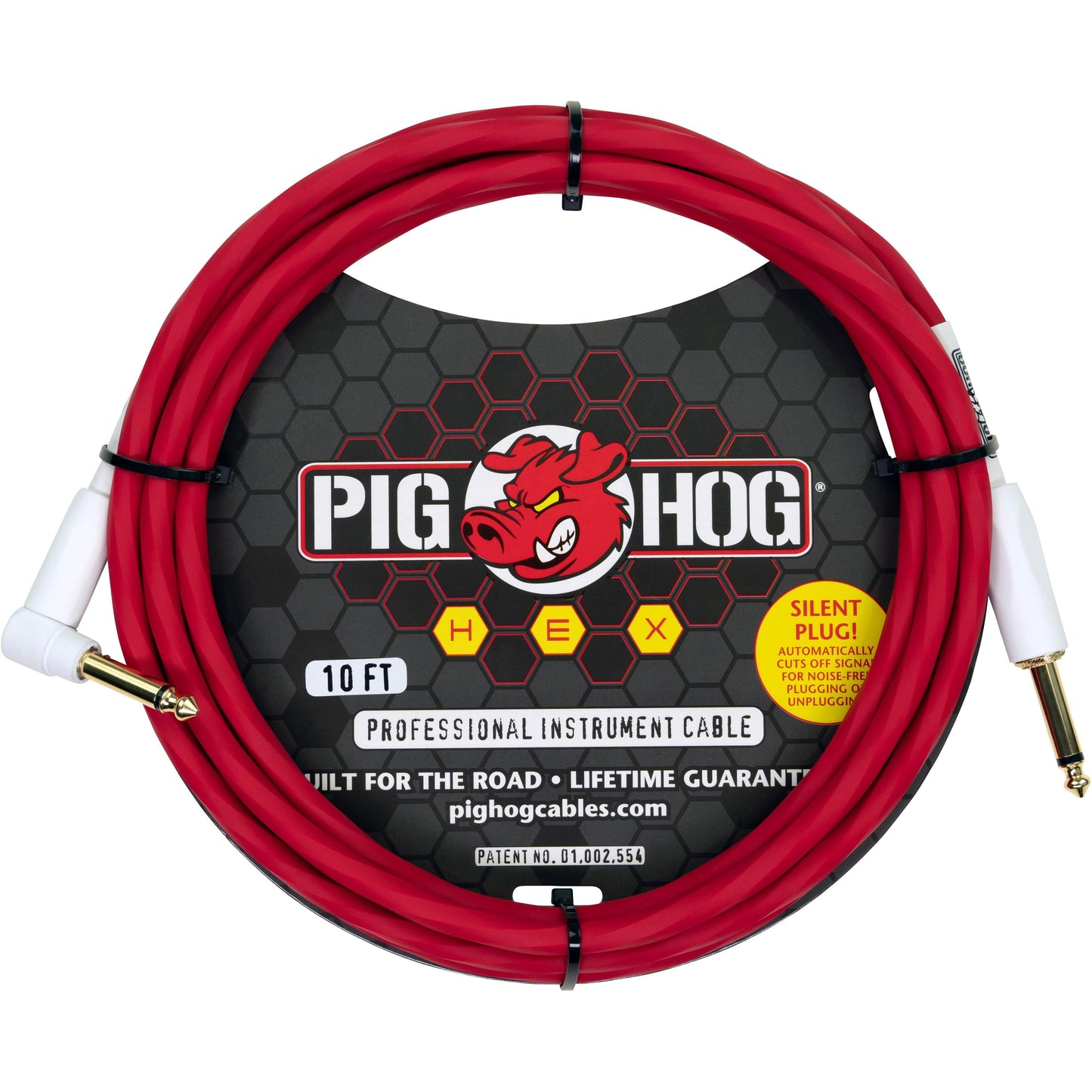 Pig Hog Hex Series Silent Cable - 10 Foot - Candy Apple Red - Right Angle