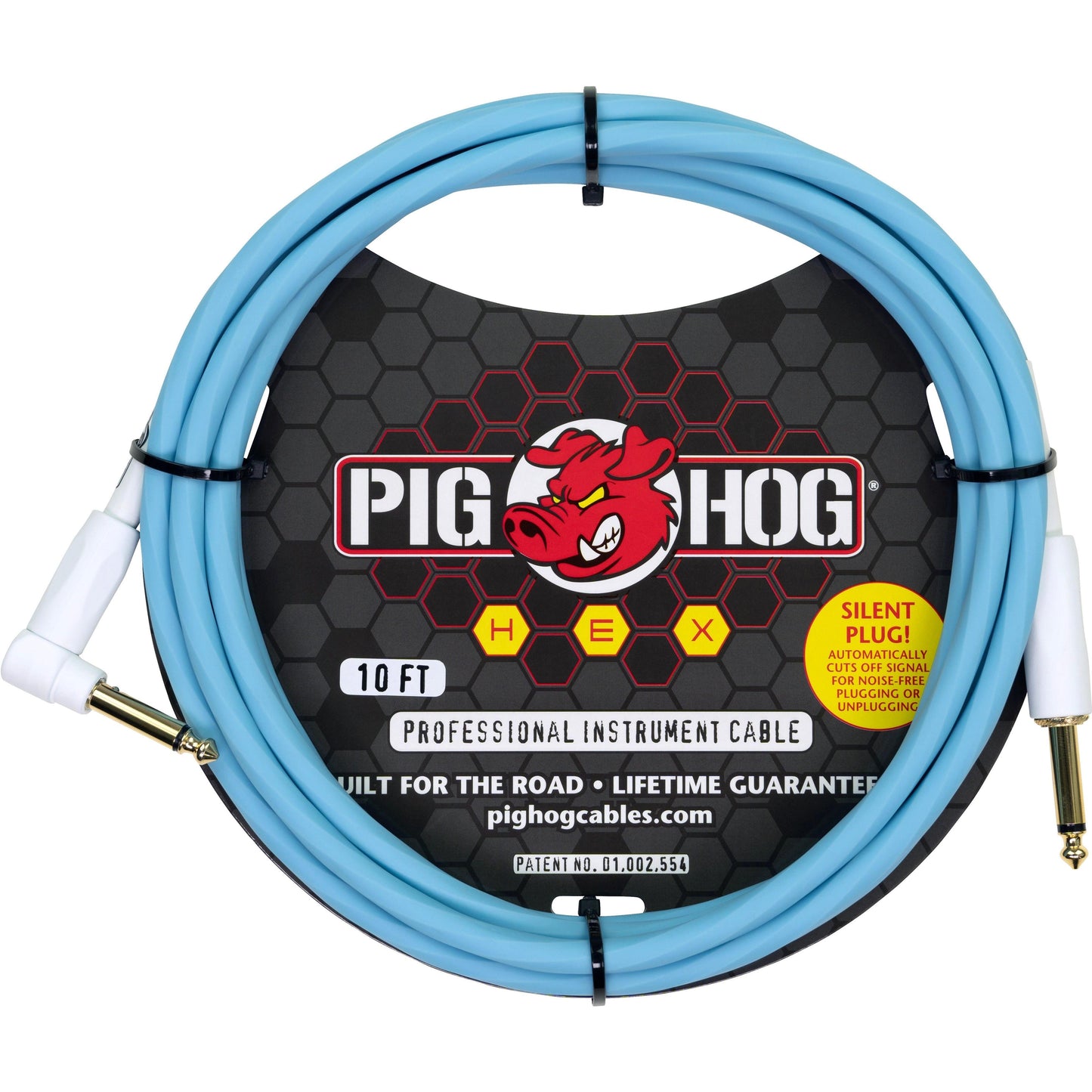 Pig Hog Hex Series Silent Cable - 10 Foot - Daphne Blue - Right Angle